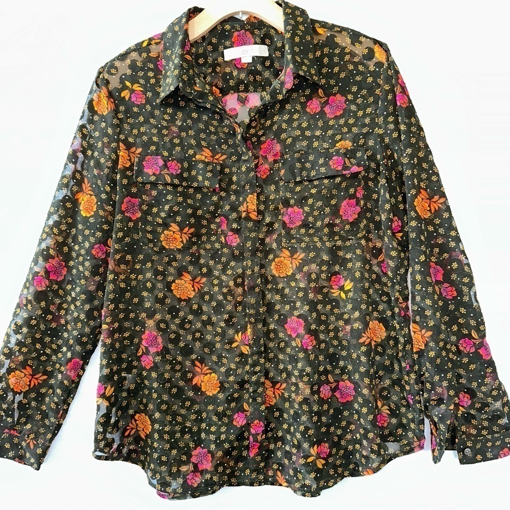 Loft Green Sheer Floral Clip Dot Button Front Top Size Large